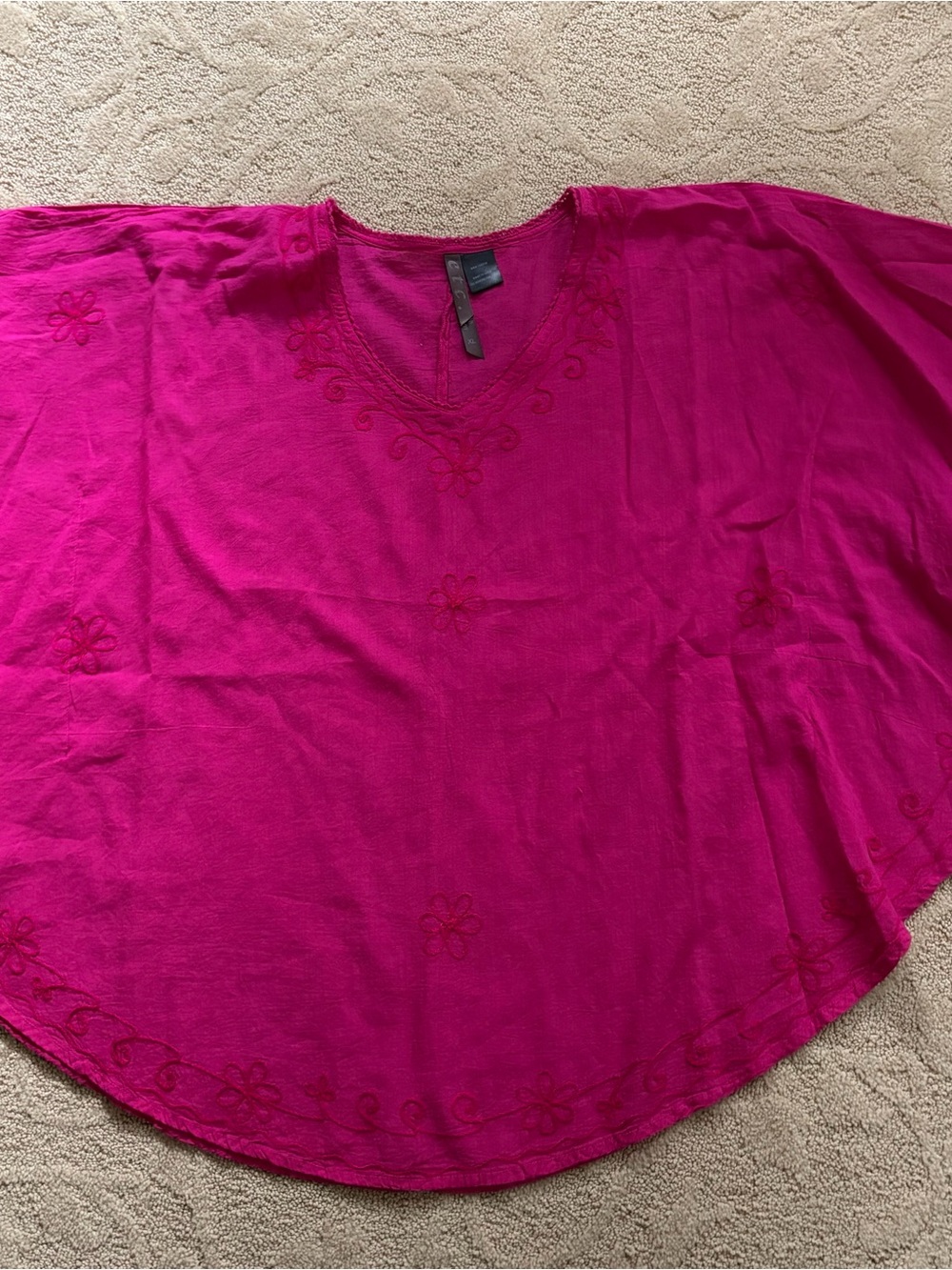 Bright Fuchsia Pink Embroidered Cotton Poncho Top ETC Women’s XL Blouse